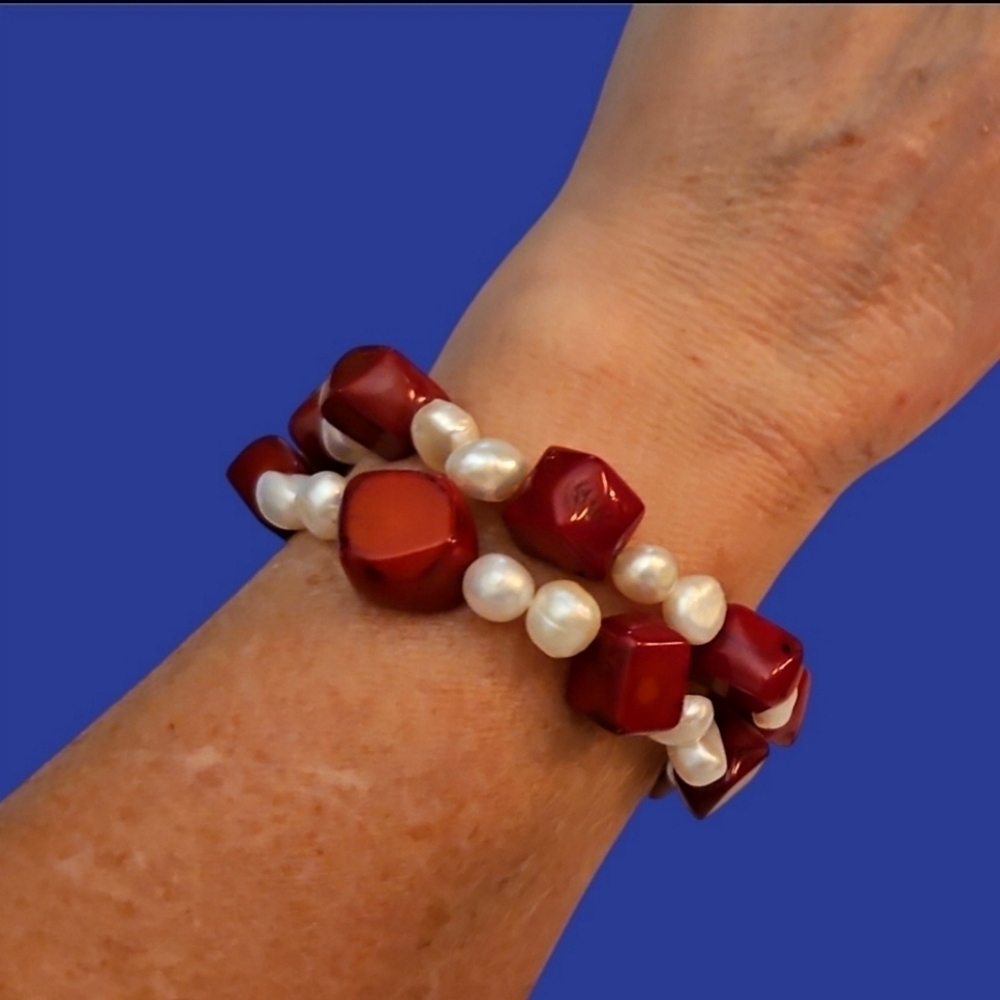 Set of Two Coral Freshwater Pearl Beaded Valentine's Stretch Bracelet